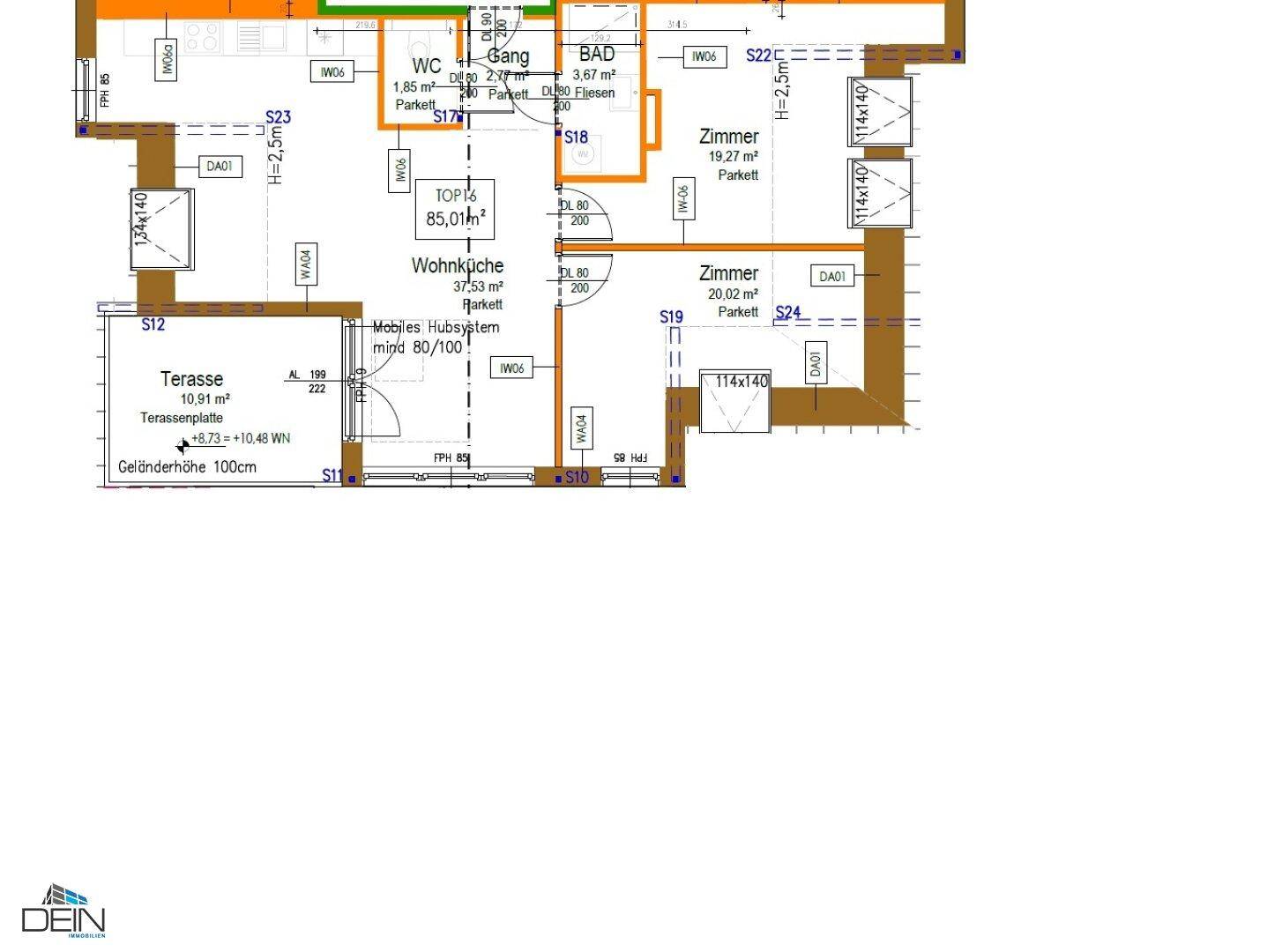 Grundrissplan einer Wohnung mit Wohnküche, Zimmern und großer Terrasse.