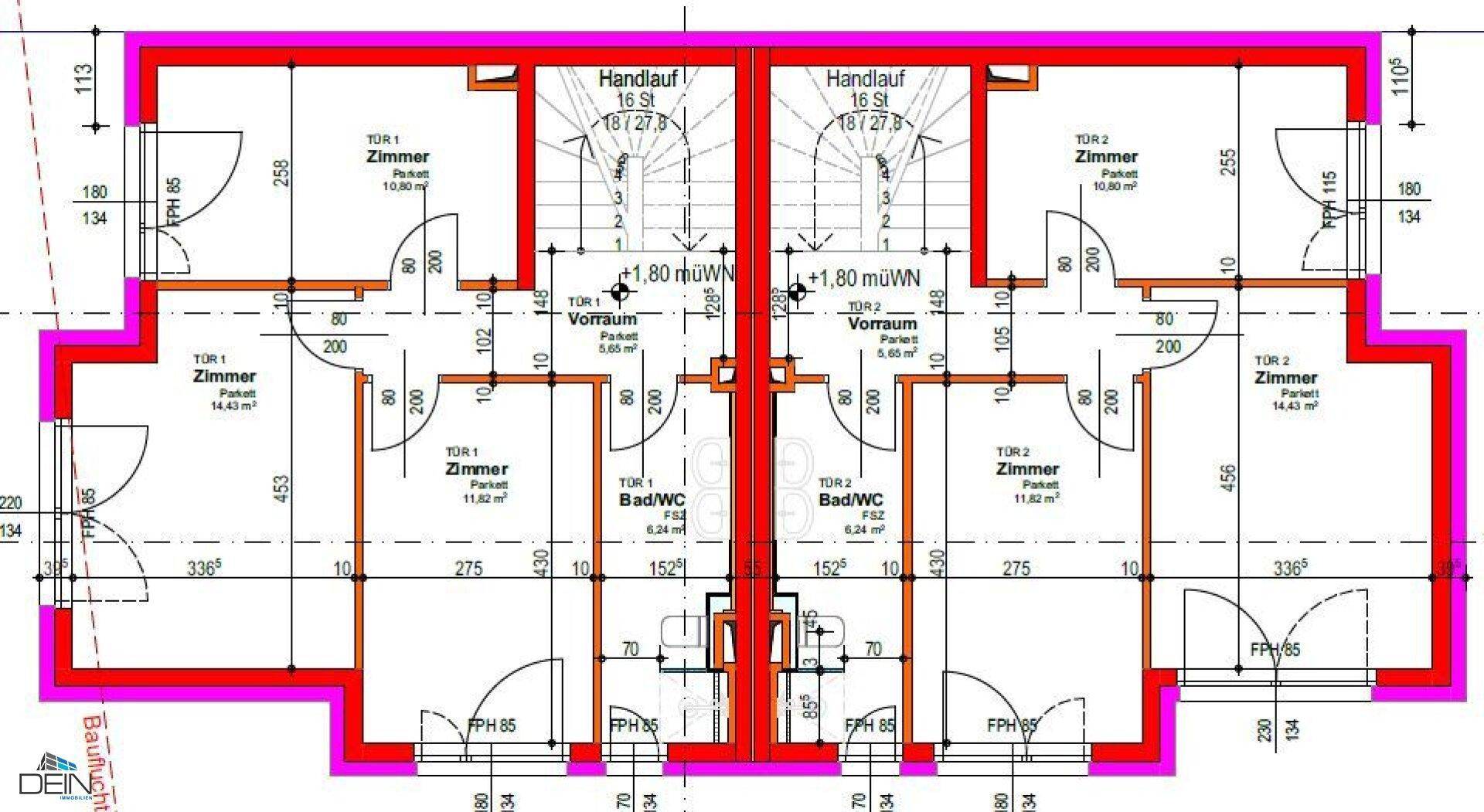 Grundriss des Obergeschosses mit Schlafzimmern, Bädern und Treppenhaus.