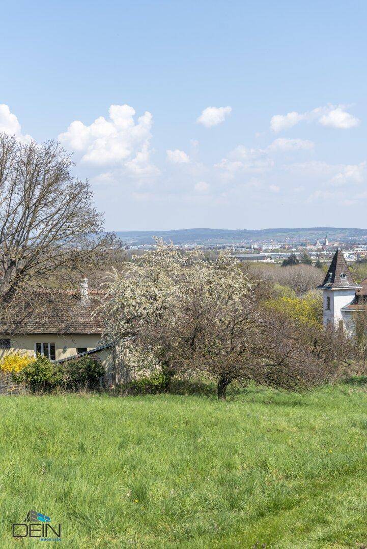 Ländliche Szene mit einem Haus und einem Turm, umgeben von grünen Wiesen und einem entfernten Stadtblick.