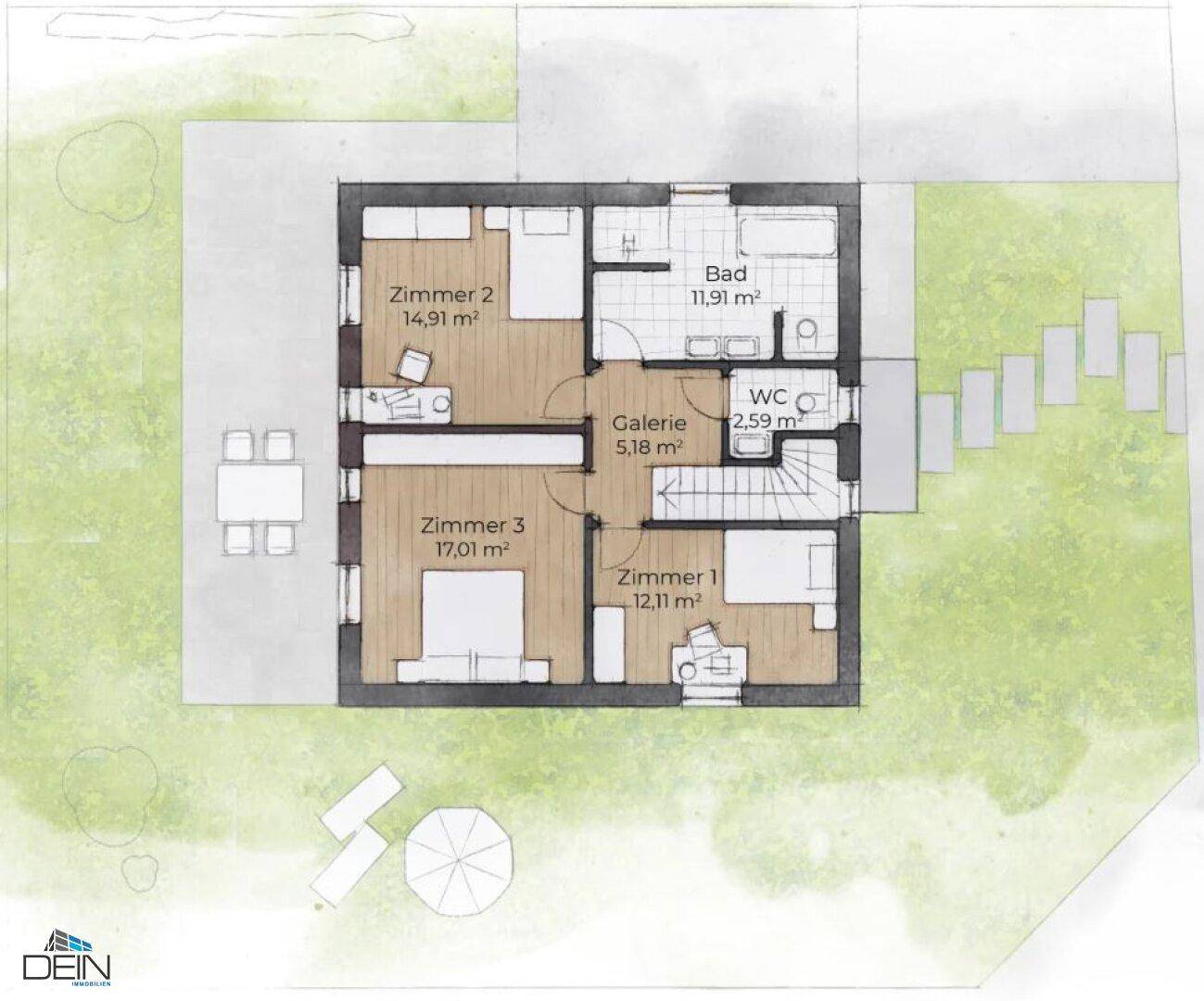 Grundriss des Obergeschosses mit drei Schlafzimmern, Bad, WC und Galeriebereich.