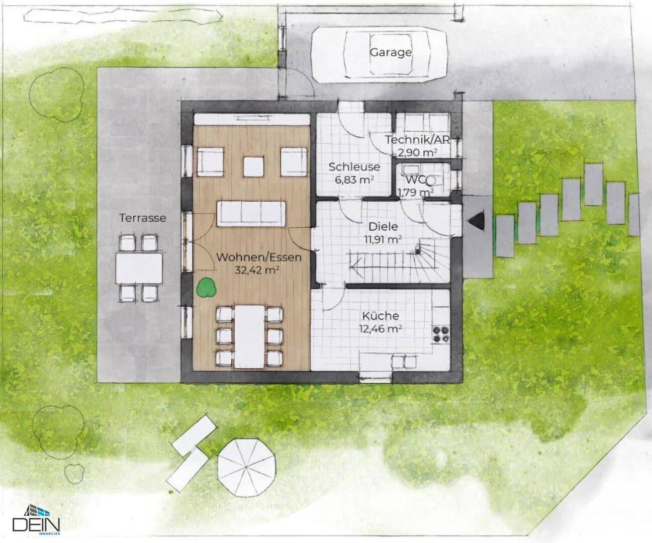 Grundriss des Erdgeschosses mit Wohn-/Essbereich, Küche, Diele, WC und Garage.