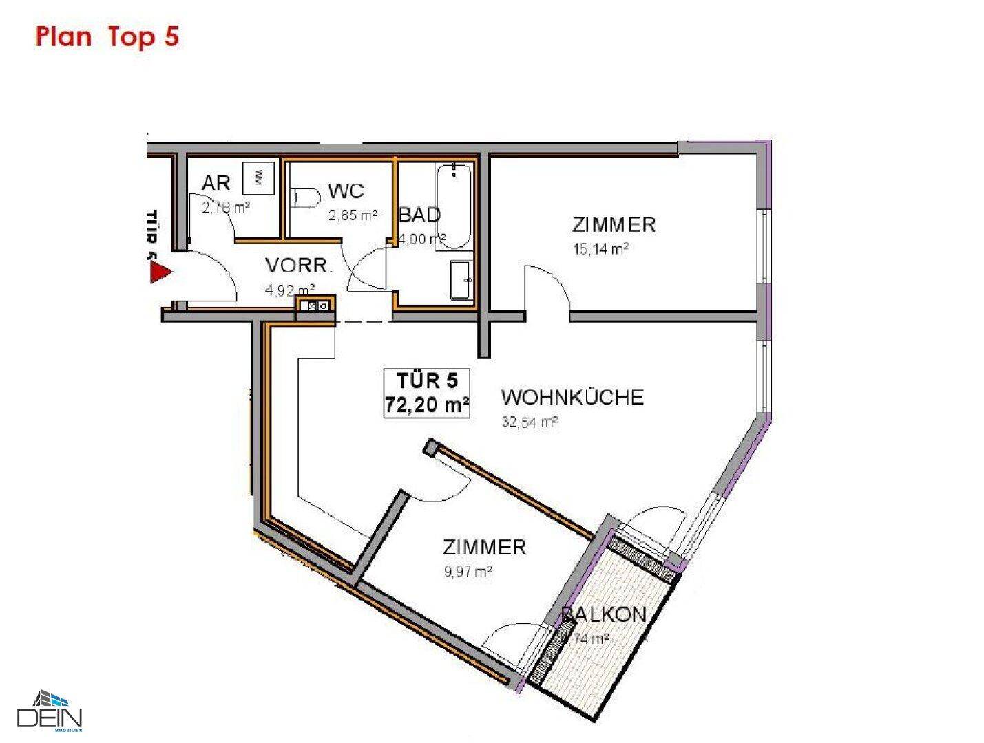Grundriss "Plan Top 5" mit Wohnküche, zwei Zimmern, Bad, WC und Balkon.