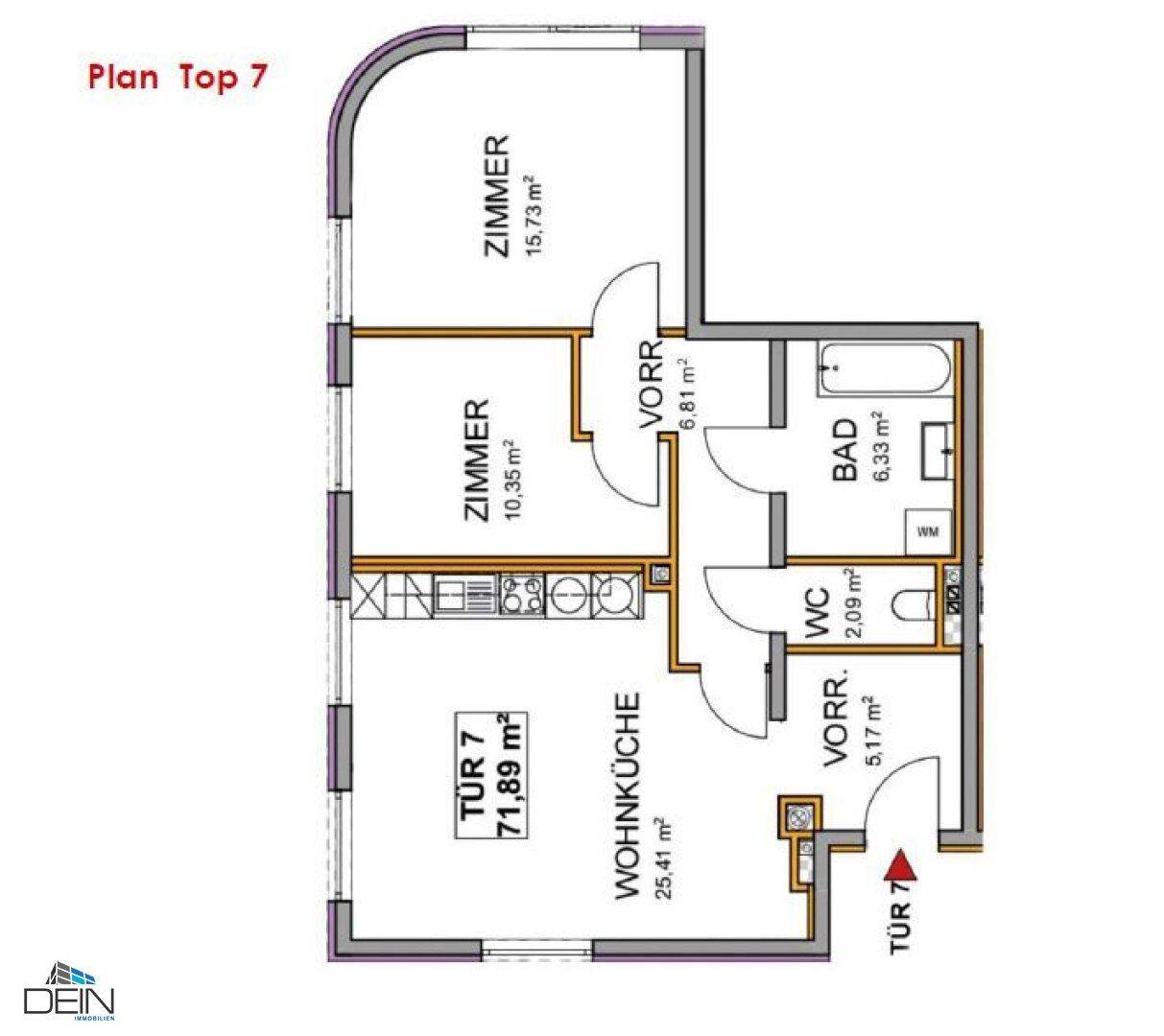 Grundriss "Plan Top 7" mit Wohnküche, zwei Zimmern, Bad und separatem WC.