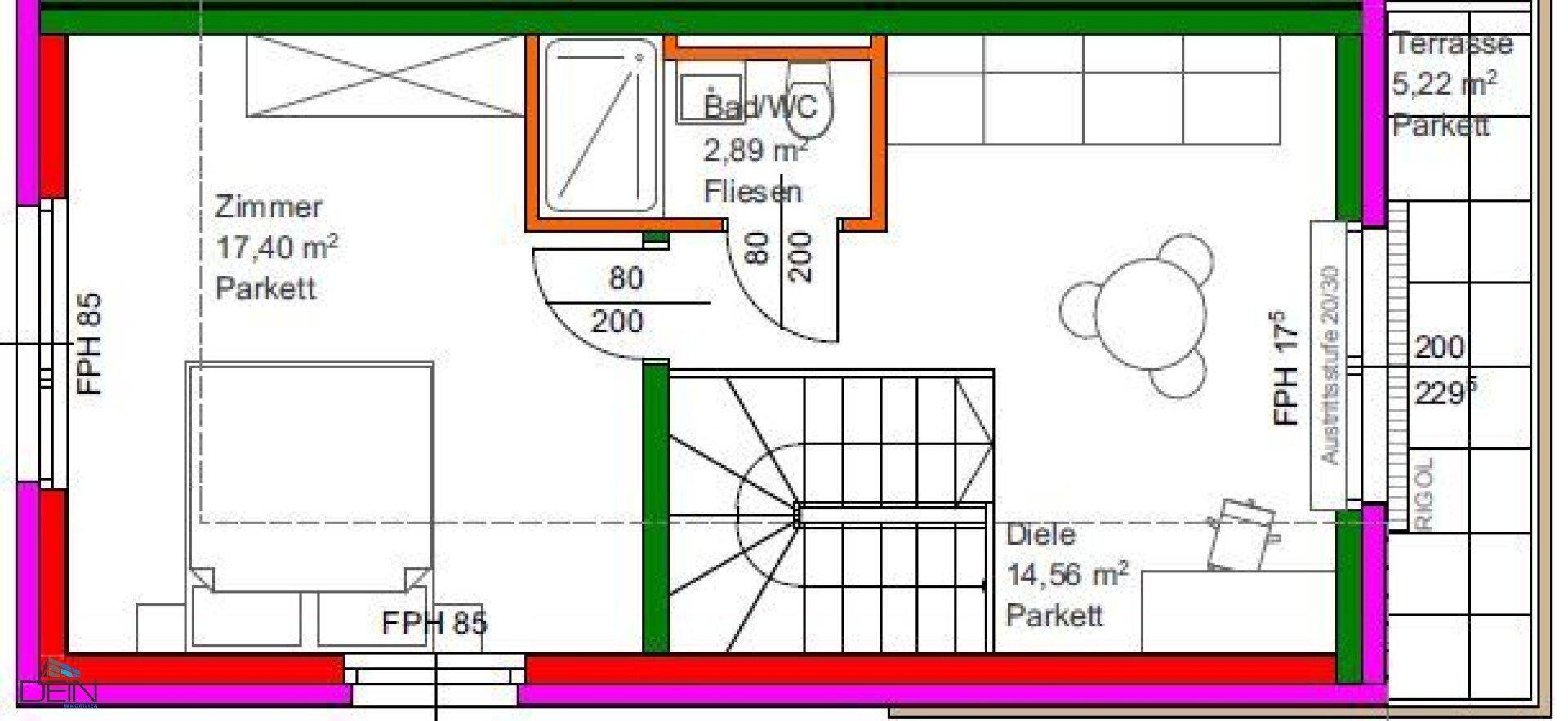 Grundriss des Dachgeschosses mit Zimmer, Bad/WC und einer zugänglichen Terrasse.