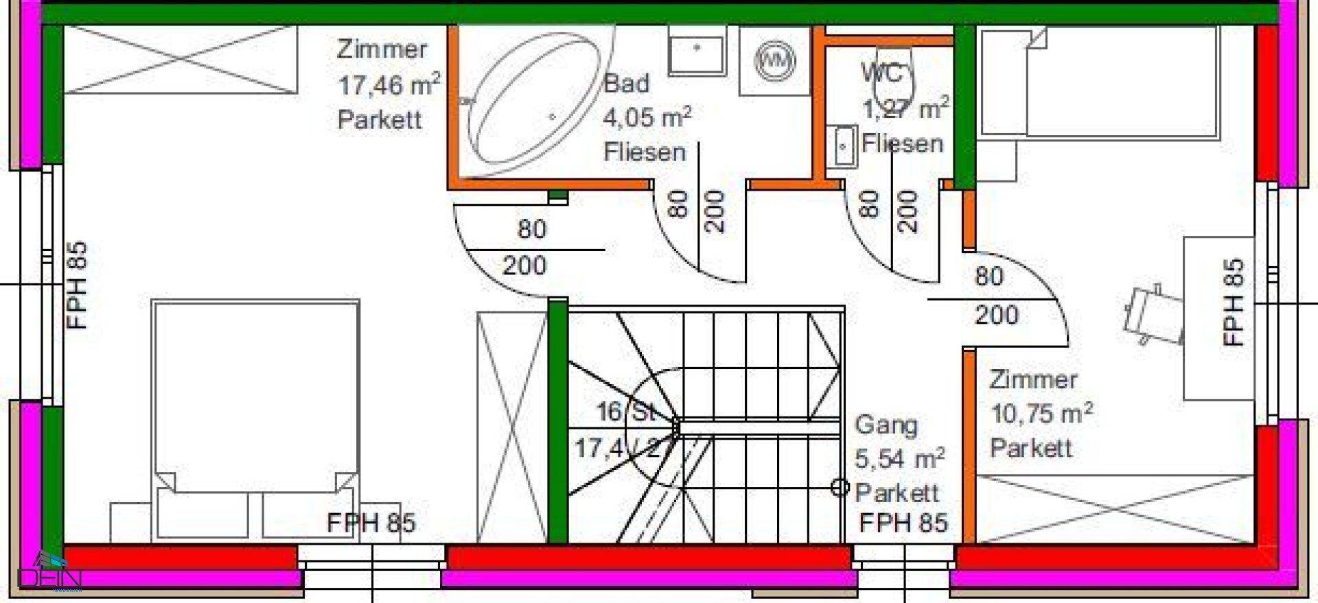 Grundriss des Obergeschosses mit zwei Schlafzimmern, einem Badezimmer und separatem WC.