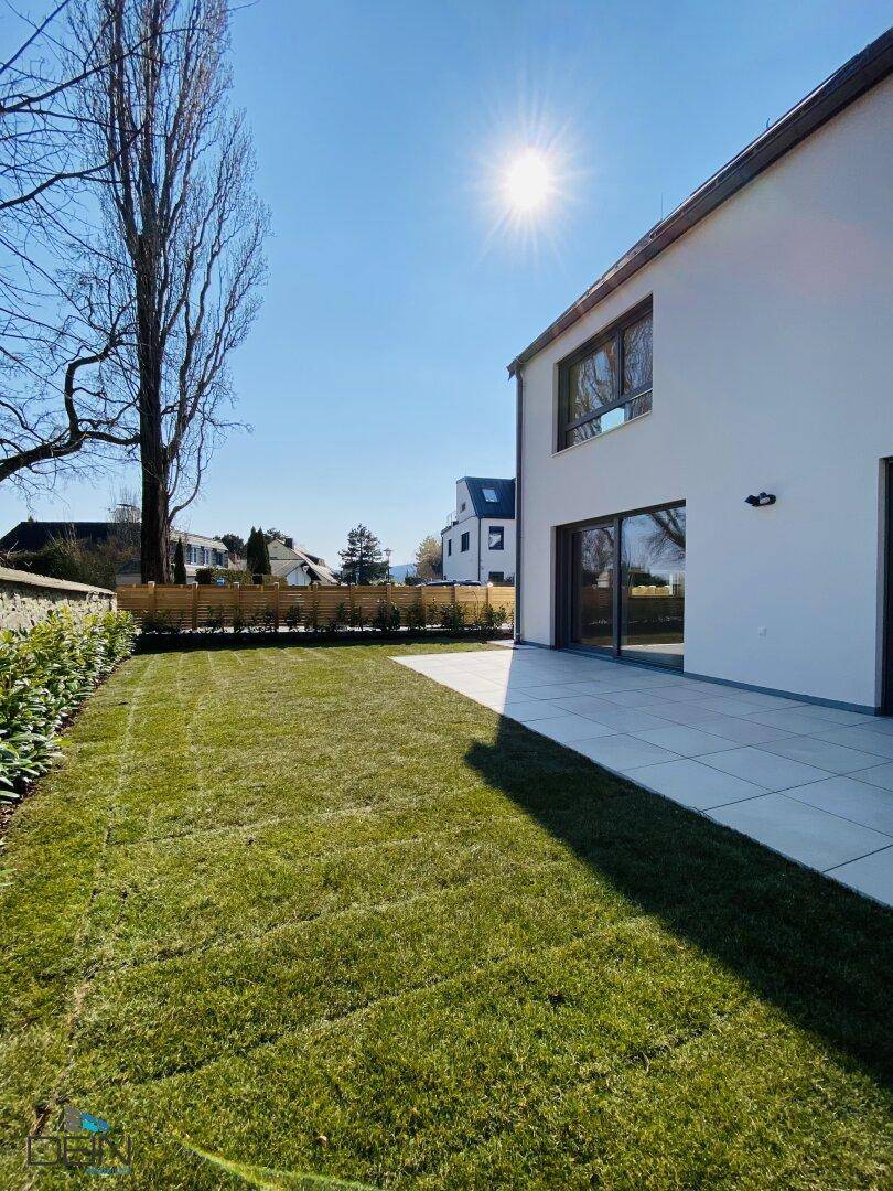 Sonniger Gartenbereich mit weitläufigem Rasen und heller Terrasse neben dem modernen Gebäude.