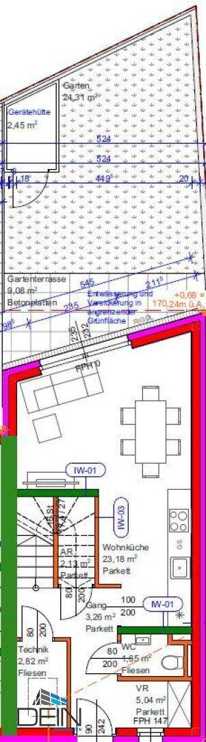 Grundriss des Erdgeschosses mit Wohnküche, Essbereich, Terrasse und Garten.
