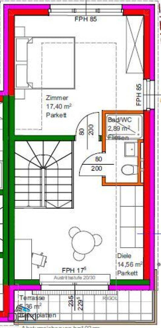 Grundriss des Dachgeschosses mit Zimmer, Bad/WC und Zugang zur Dachterrasse.