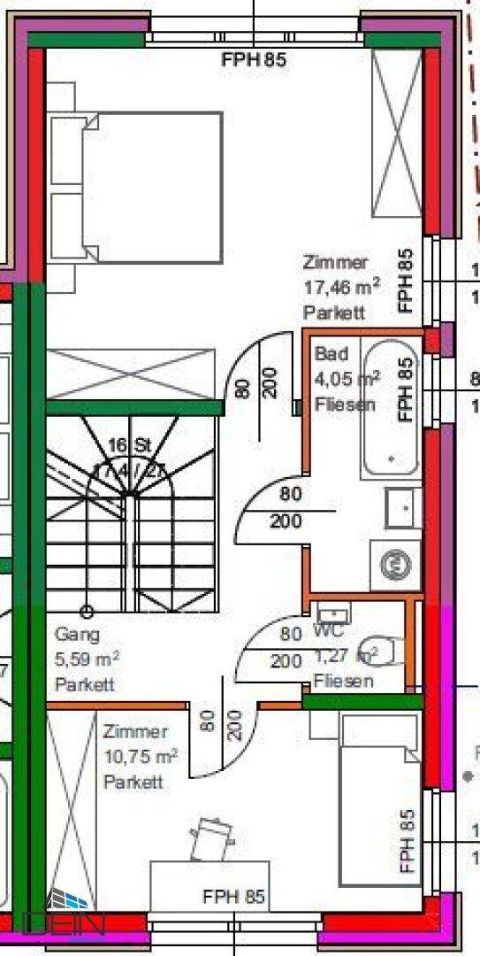 Grundriss des Obergeschosses mit zwei Schlafzimmern, Bad und separatem WC.