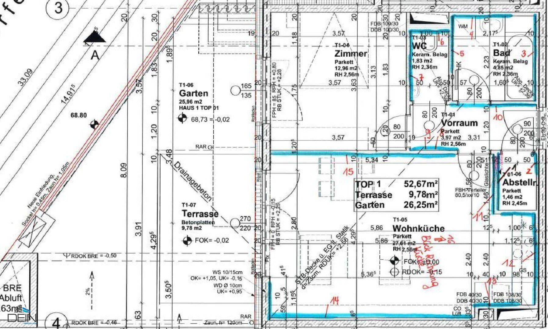 Detaillierter Grundrissplan einer Wohnung mit Terrasse und Gartenanteil.