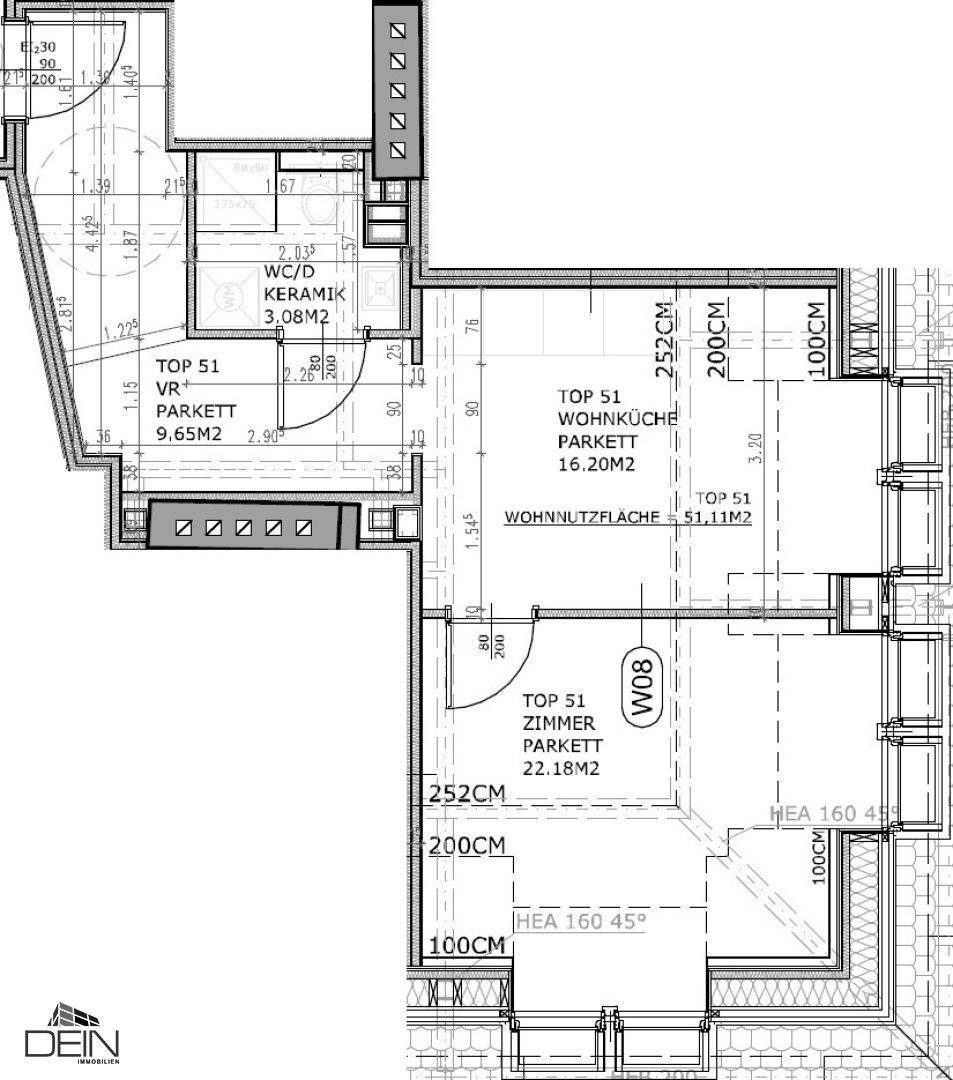 Detaillierter Grundriss einer Wohnung mit Wohnküche, Zimmer und WC/Bad, inklusive Flächenangaben.