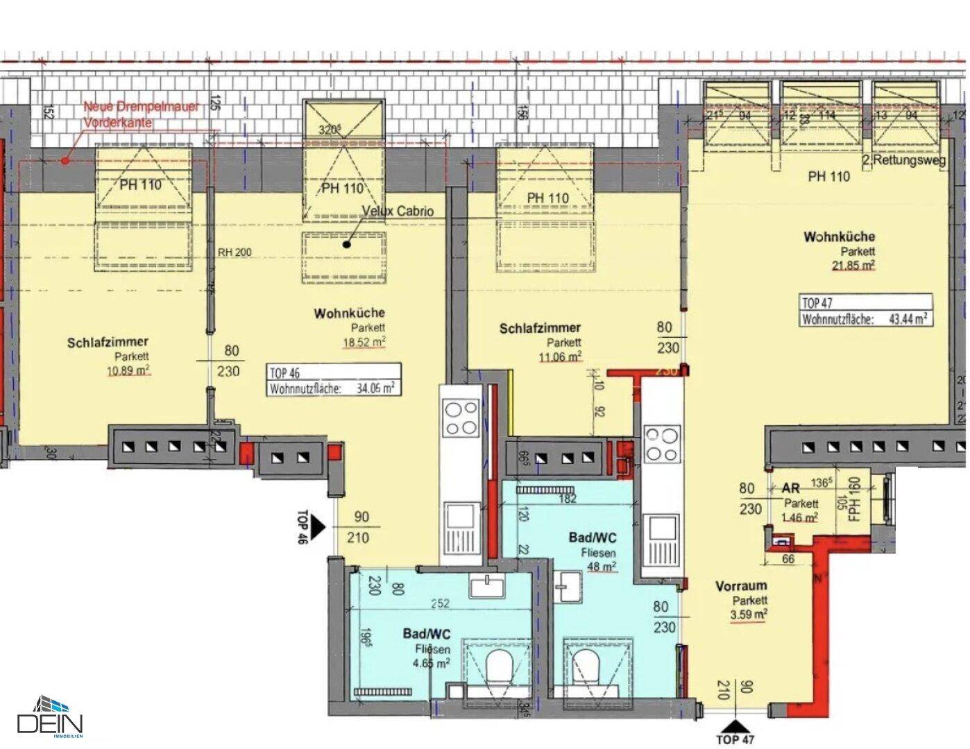 Grundrissplan einer Dachgeschosswohnung mit Schlafzimmern, Wohnküche und Bädern.