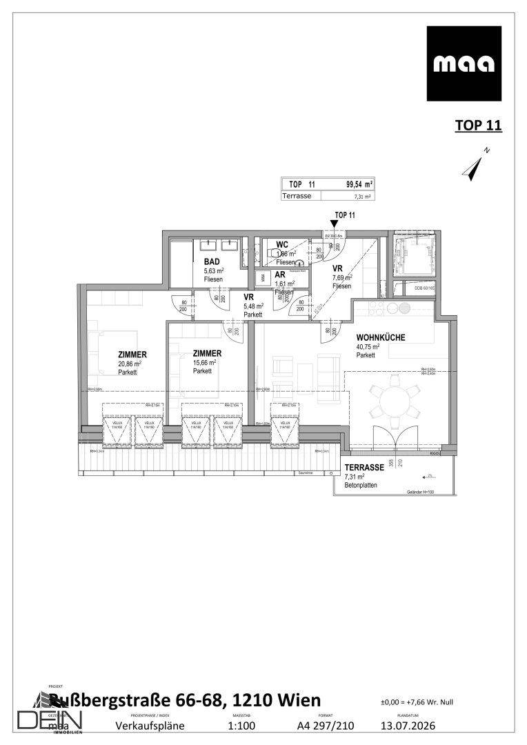 Grundriss der Wohnung TOP 11 mit Wohnküche, zwei Zimmern und großer Terrasse.