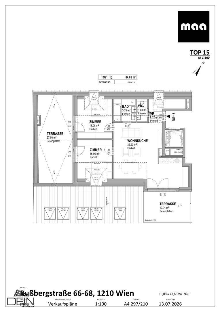 Grundriss einer Wohnung mit zwei Terrassen, Wohnküche und zwei Zimmern.