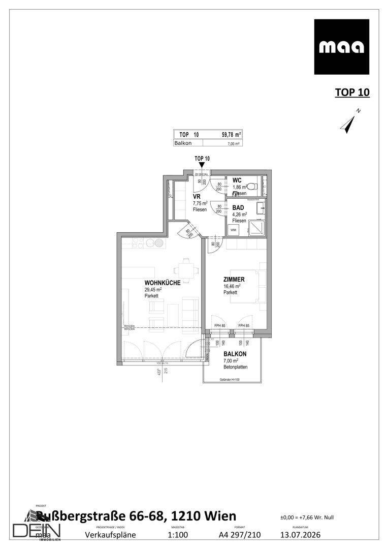 Grundriss einer Wohnung mit offener Wohnküche, Schlafzimmer, Bad und Balkon.
