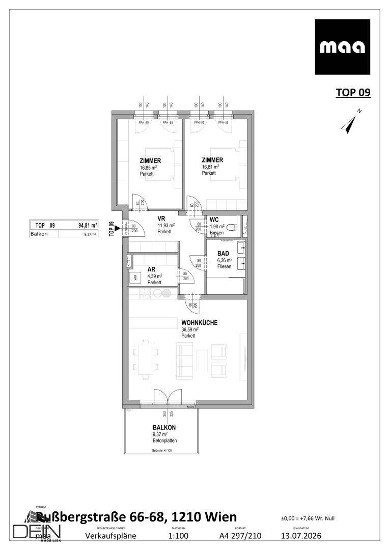 Grundriss einer Wohnung mit zwei Zimmern, Wohnküche, Bad, WC und Balkon.