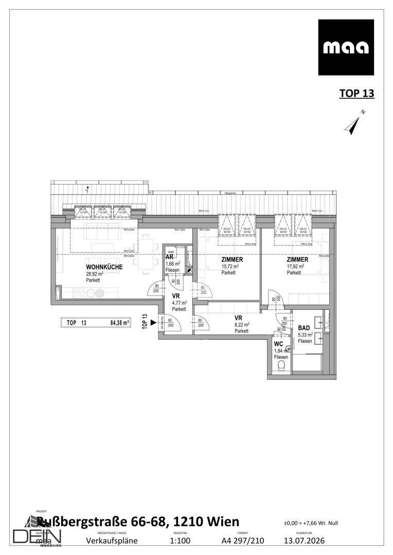 Grundriss der Wohnung Top 13 mit Wohnküche, zwei Zimmern und Bad auf 84,38 m².