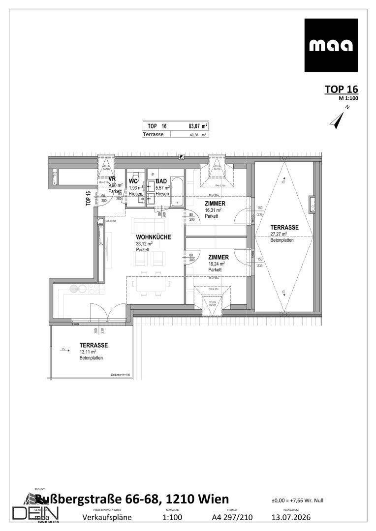 Grundriss einer Wohnung mit zwei Terrassen, Wohnküche und separatem WC.