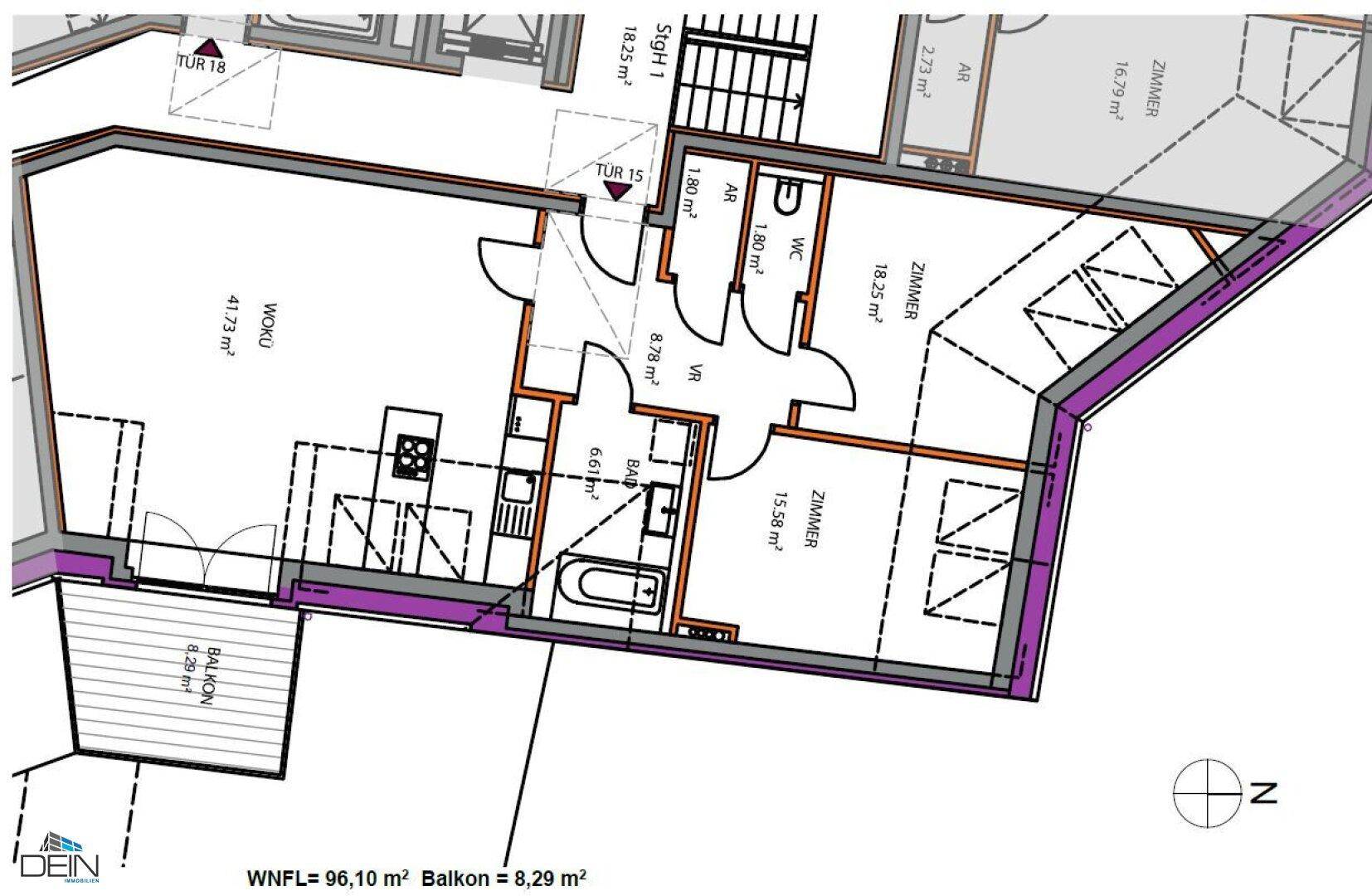 Detaillierter Grundriss einer Wohnung mit mehreren Zimmern, Bad, WC und Balkon.