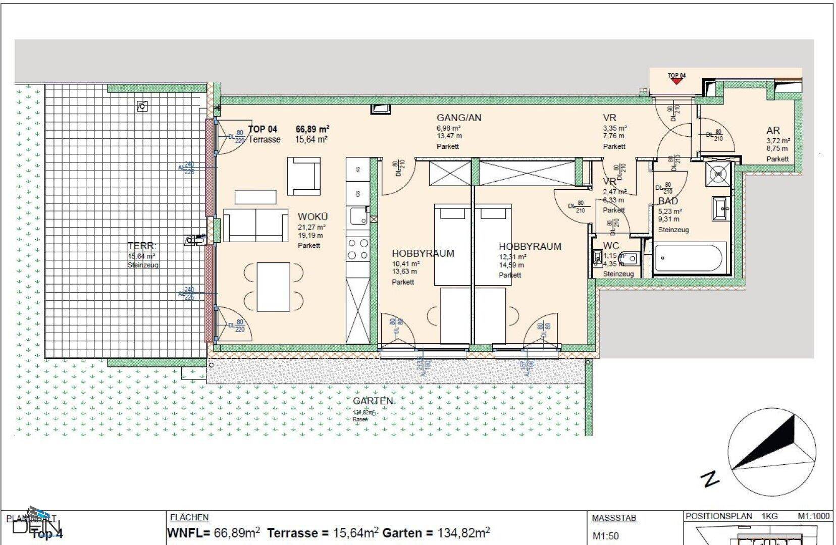 Grundriss zeigt eine Wohnung mit offenem Wohn- und Küchenbereich, zwei Hobbyräumen, Bad, separatem WC, Terrasse und Garten.