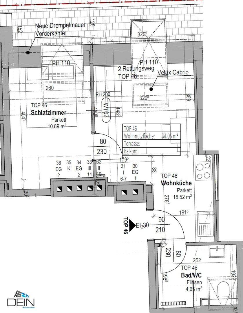 Grundriss der Wohnung TOP 46 mit Schlafzimmer, Wohnküche, Bad/WC, Terrasse und Balkon.