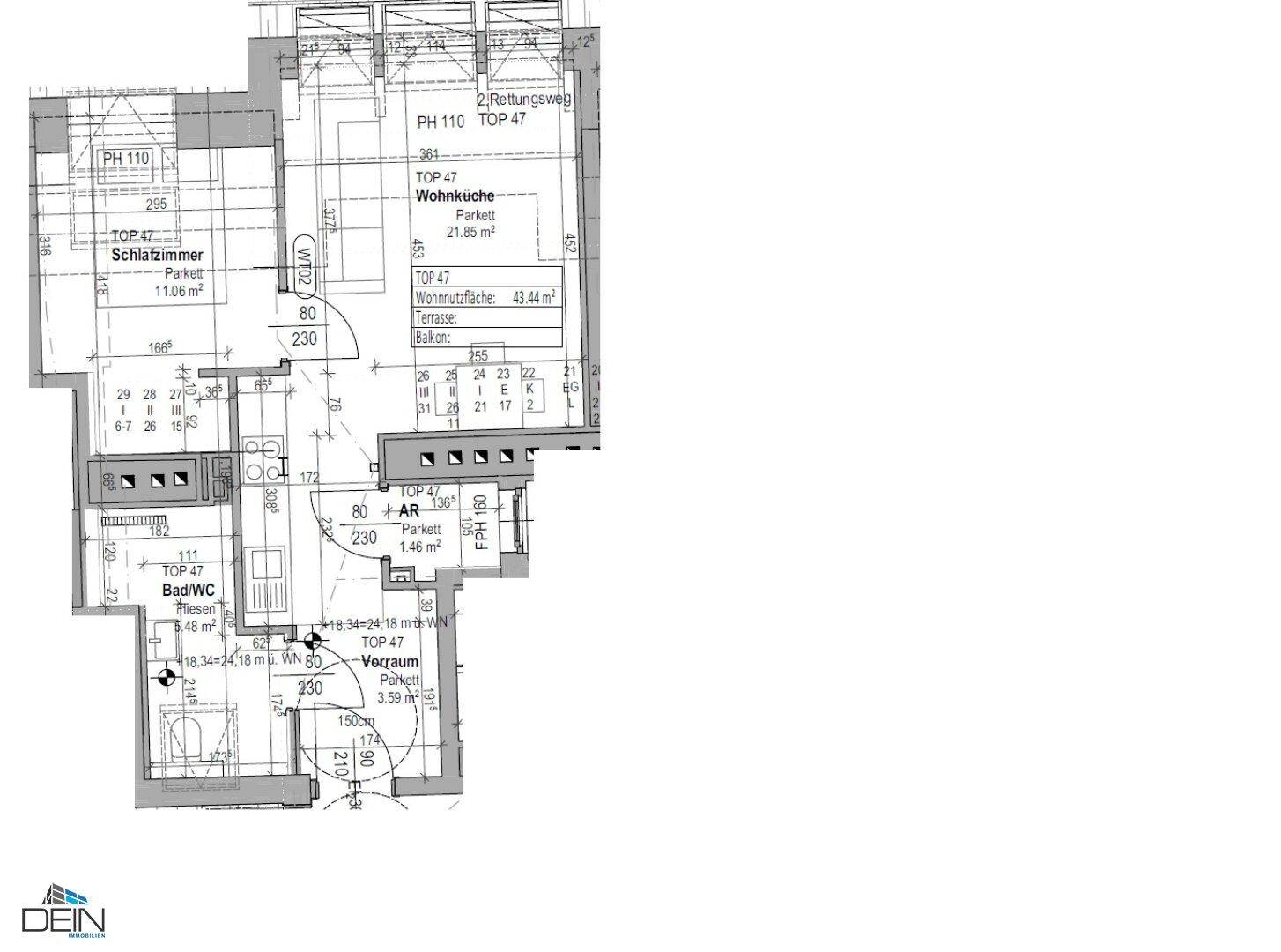 Grundriss der Wohnung TOP 47 mit Schlafzimmer, Wohnküche, Bad/WC, Vorraum, Terrasse und Balkon.