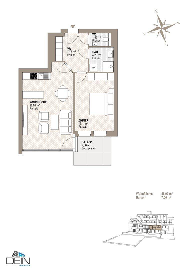Grundriss einer modernen Wohnung mit offener Wohnküche, Schlafzimmer, Bad, separatem WC und Balkon.