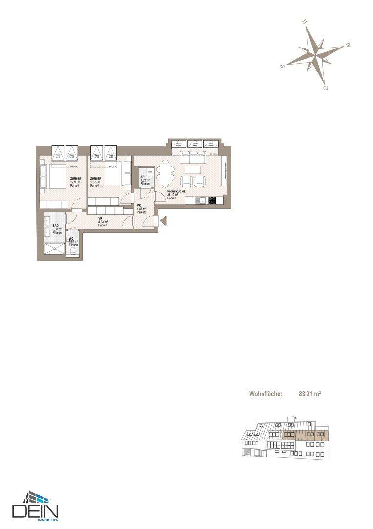 Grundriss einer Wohnung mit zwei Schlafzimmern, offener Wohnküche, Bad und separatem WC.