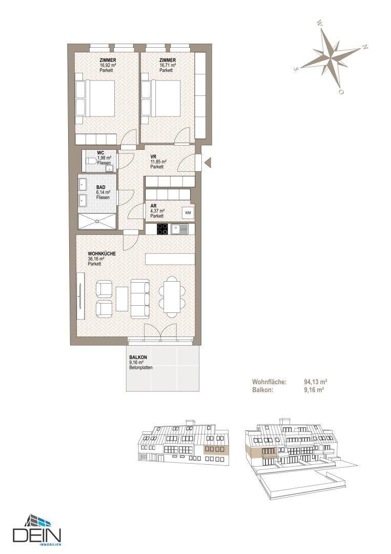 Grundriss einer Dachgeschosswohnung mit zwei Schlafzimmern, offener Wohnküche und Balkon.