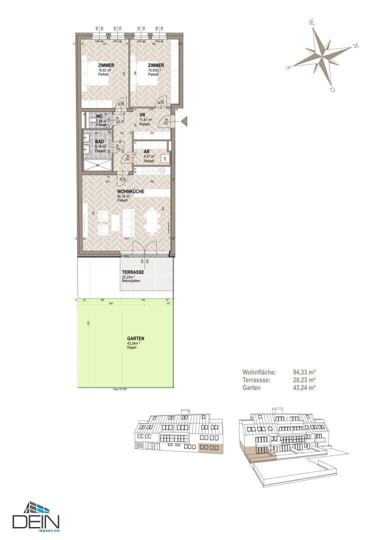 Grundriss einer Wohnung mit offener Wohnküche, zwei Zimmern, Bad, separatem WC, Terrasse und Garten.