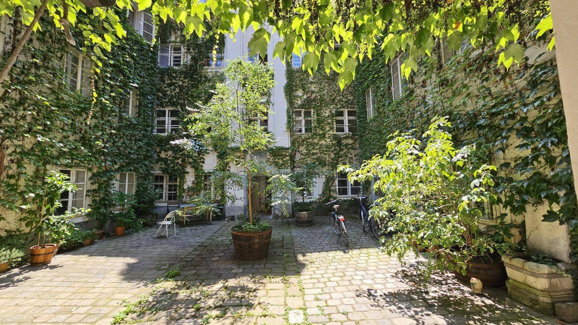 Sonniger Innenhof mit Kopfsteinpflaster, begrünten Wänden und Topfpflanzen, lädt zum Verweilen ein.