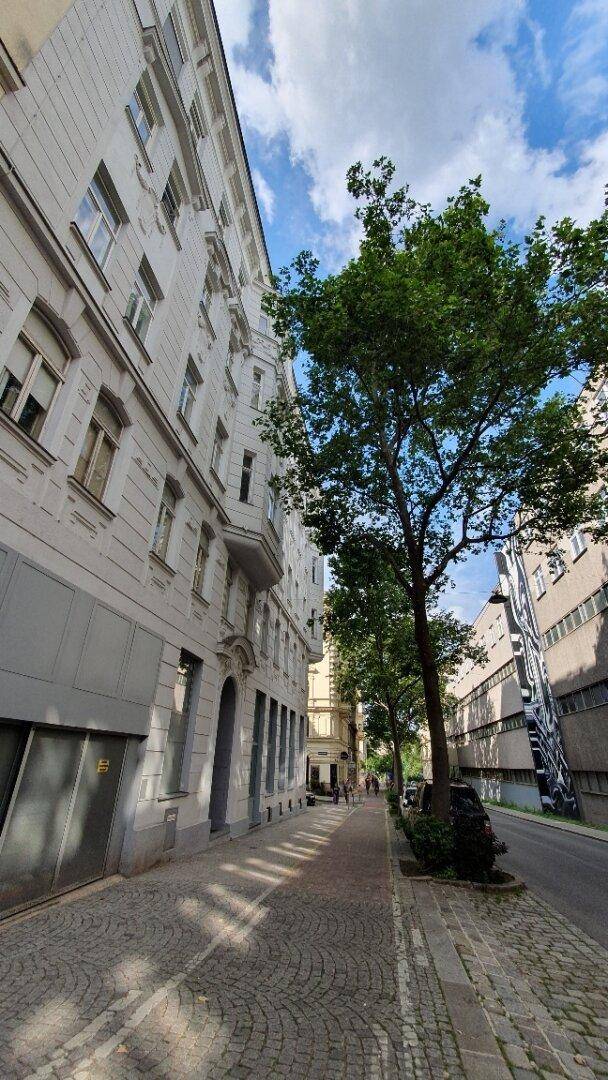 Straßenansicht mit Altbaufassaden und Bäumen, die Schatten auf den Bürgersteig werfen.