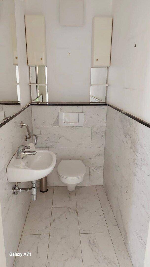 Separate Toilette mit Wand-WC, kleinem Waschbecken und modernen Fliesen.