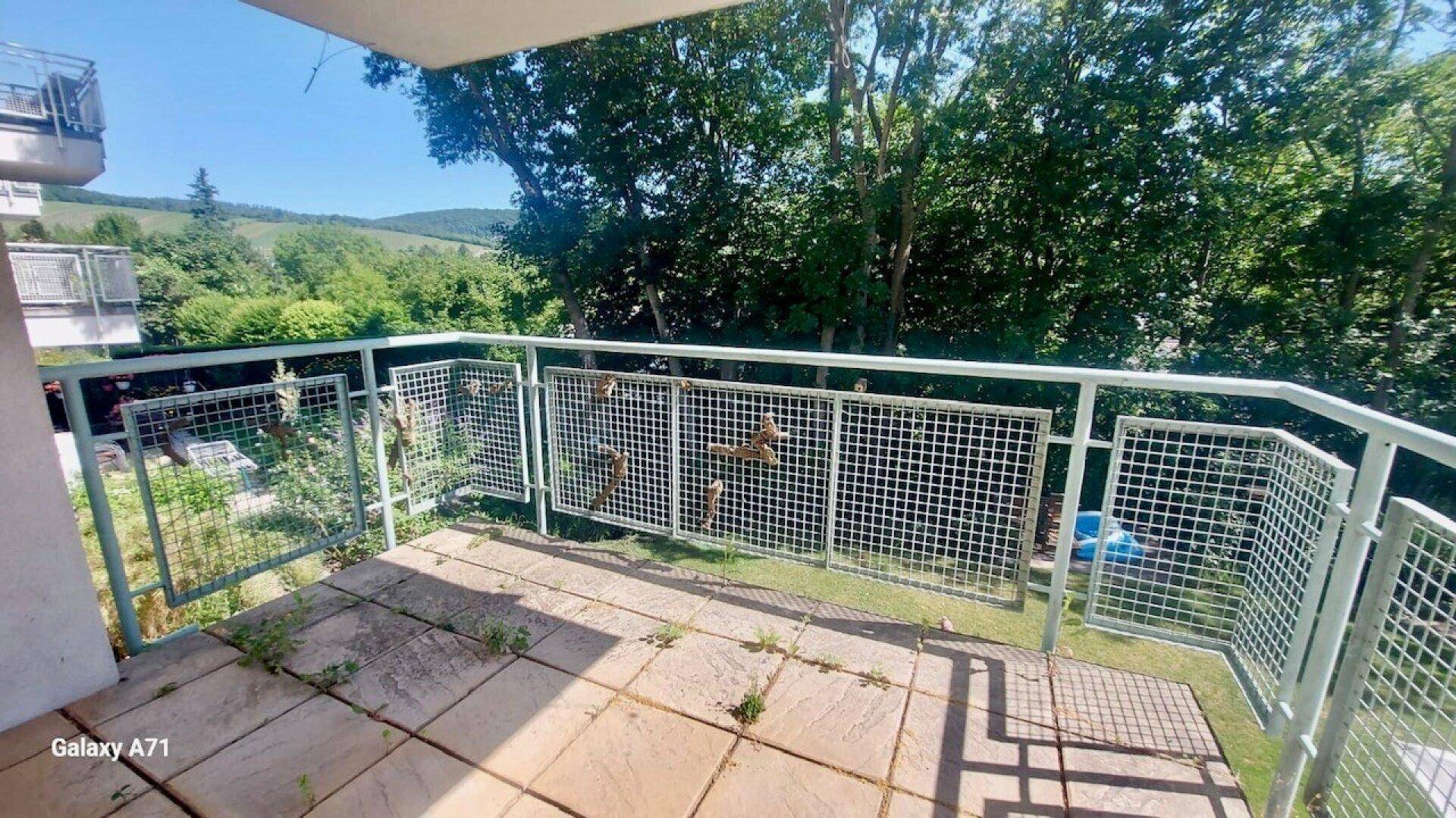 Balkon mit Metallgeländer und Blick auf den Garten sowie die bewaldeten Hügel.