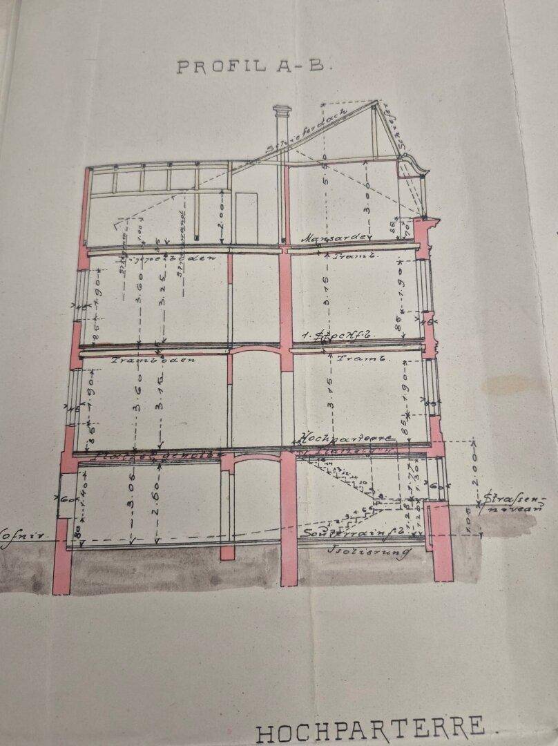 Gebäudeschnittplan mit Darstellung der Geschosse und des Mansarddaches, inklusive Höhenangaben.