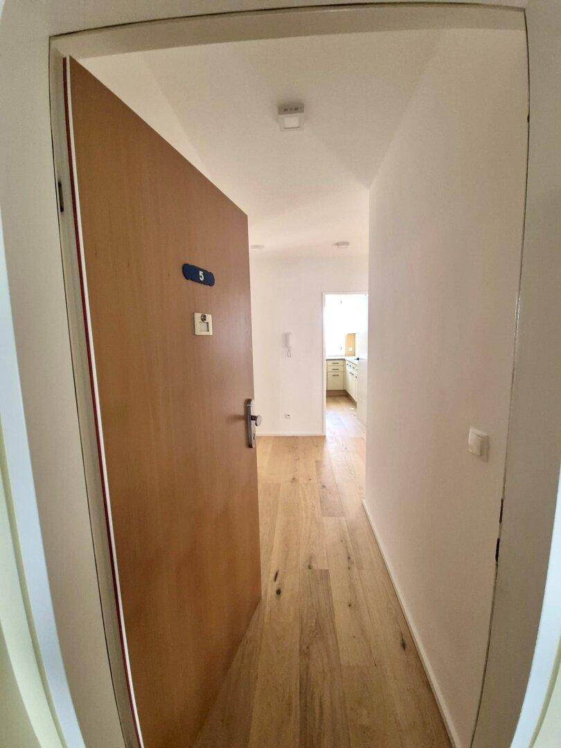 Eingangsbereich mit Holztür und hellem Flur, der in die Wohnung führt.