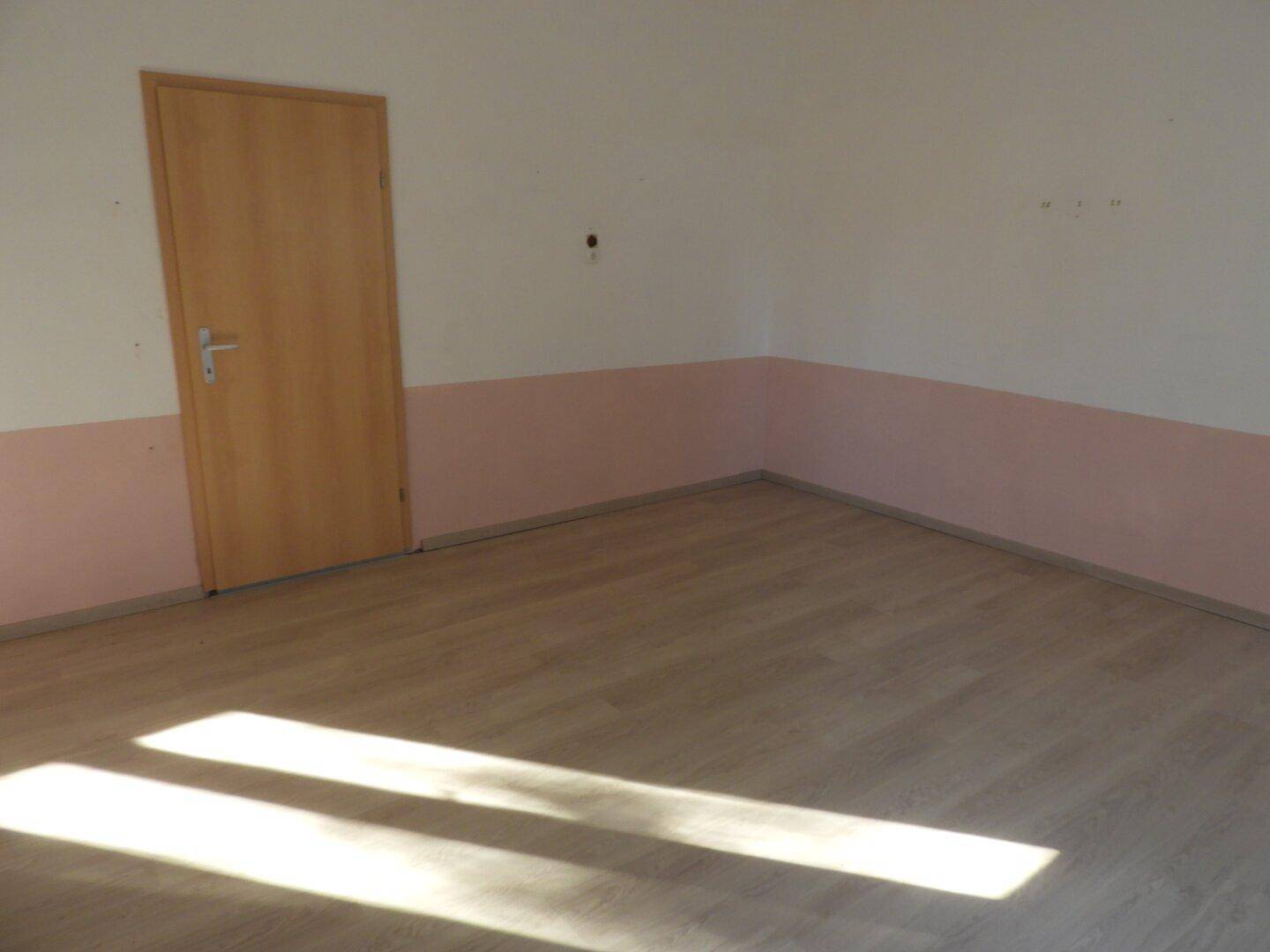 Leeres Zimmer mit Laminatboden und Holztür, durch die Sonnenlicht auf den Boden fällt.