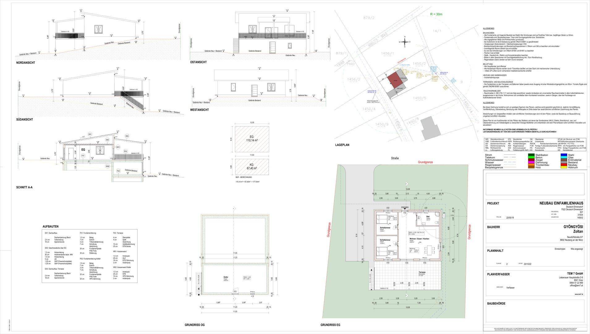 Umfassender Bauplan mit verschiedenen Ansichten, Grundrissen und Lageplan des Neubaus.