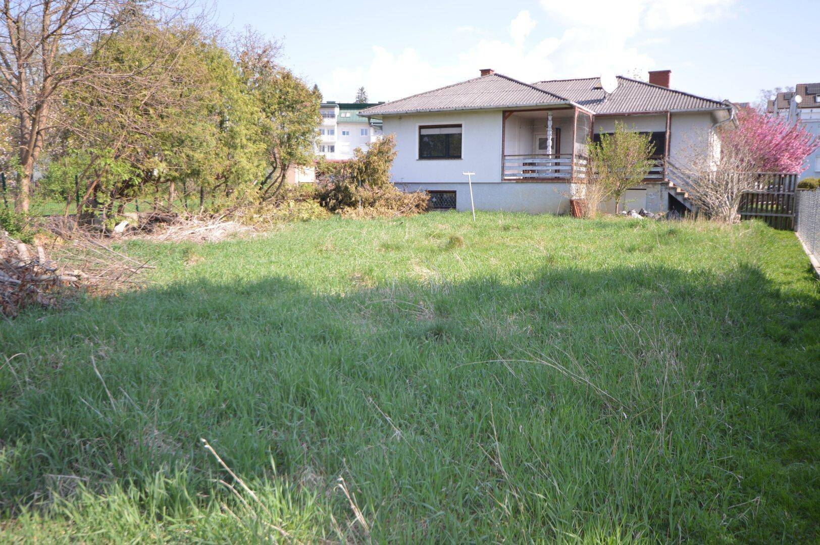Großer, ungenutzter Gartenbereich hinter dem Haus mit viel Grünfläche und Bäumen im Hintergrund.