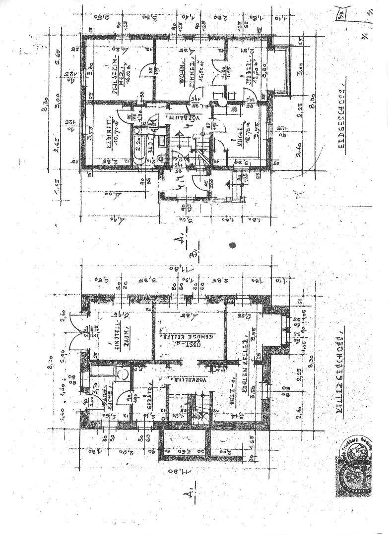 Detaillierter Grundriss des Erdgeschosses und Kellers mit Maßangaben.