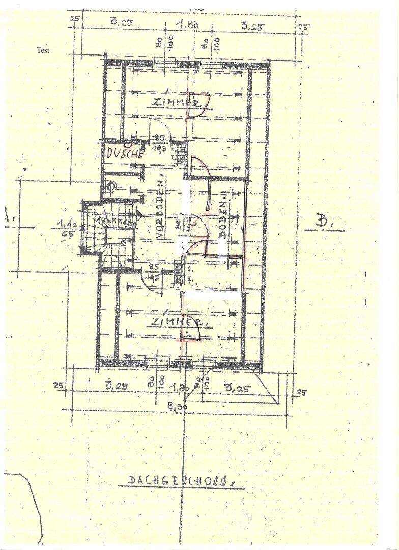 Grundriss des Dachgeschosses mit Zimmern, Dusche und Vorboden.