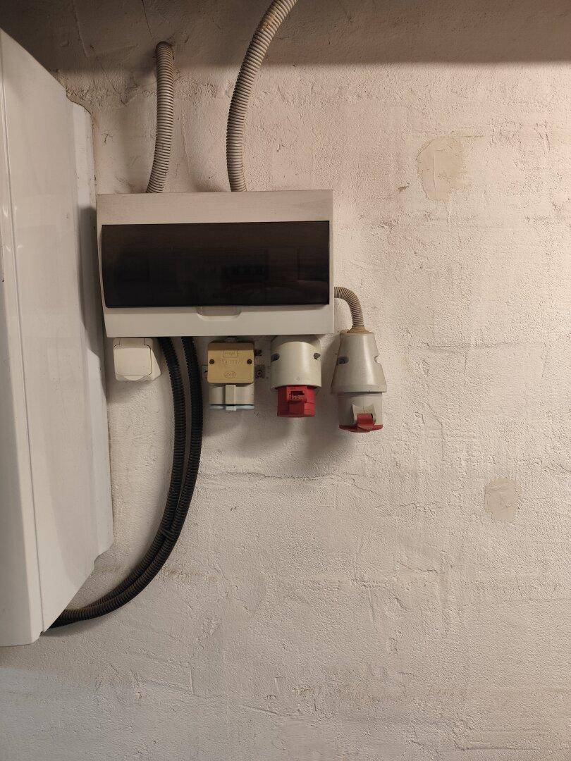 Elektrischer Verteilerkasten und Starkstromsteckdosen an einer Wand im Technikraum.