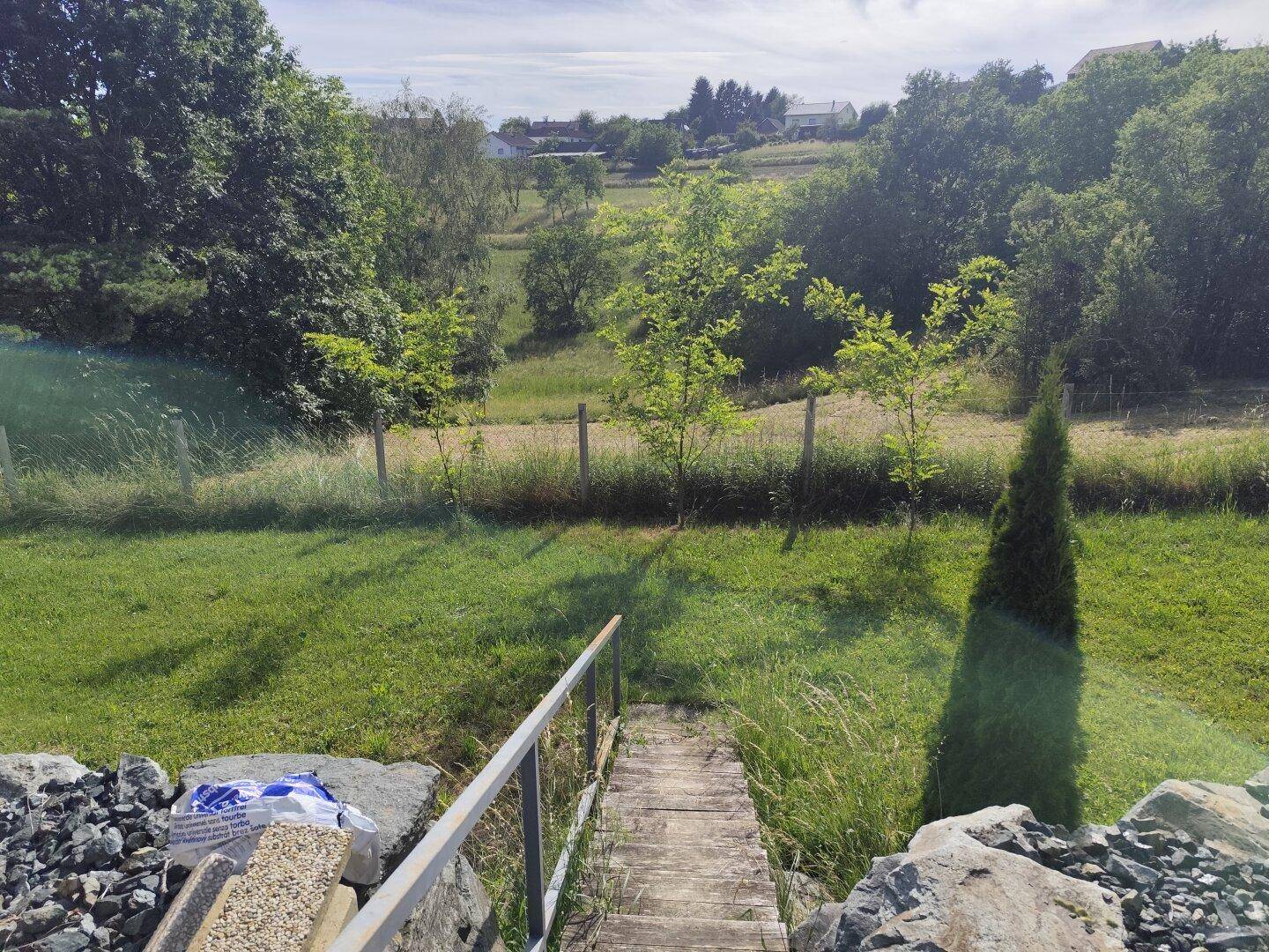 Blick von einer Holztreppe auf eine grüne Wiese mit Bäumen und einem Zaun im Hintergrund.