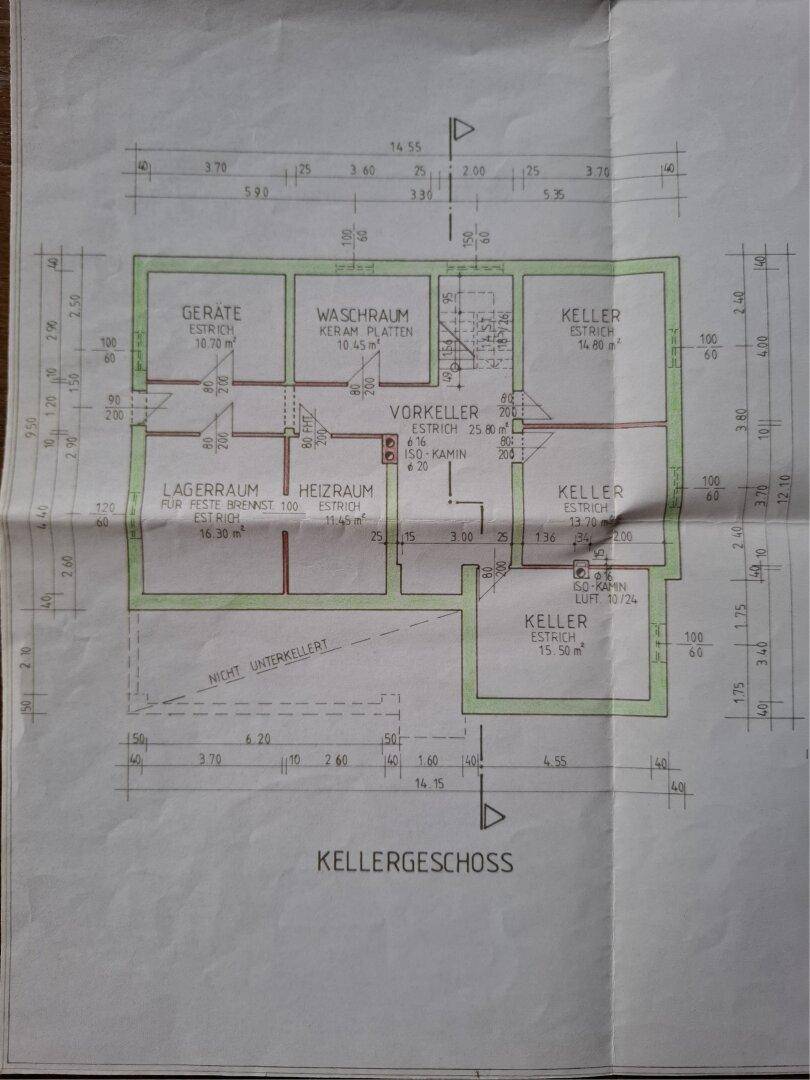 Grundriss des Kellergeschosses mit Lagerräumen, Waschraum und Heizraum.