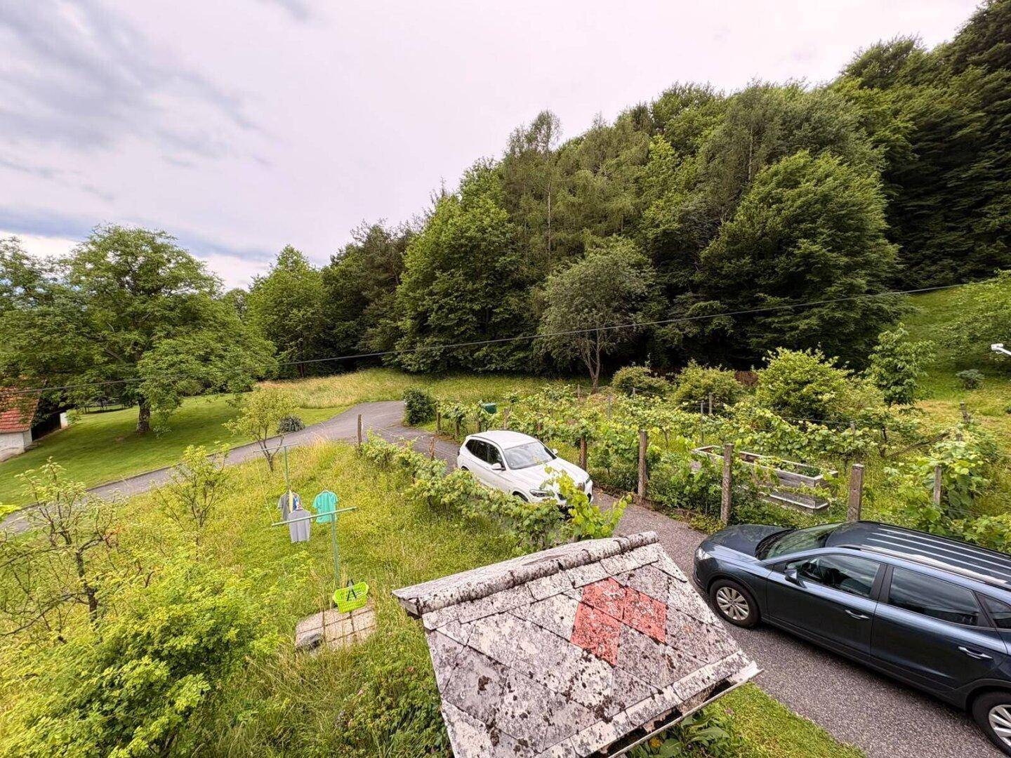 Blick von oben auf eine Kiesauffahrt mit Autos, umgeben von grüner Landschaft und Bäumen.