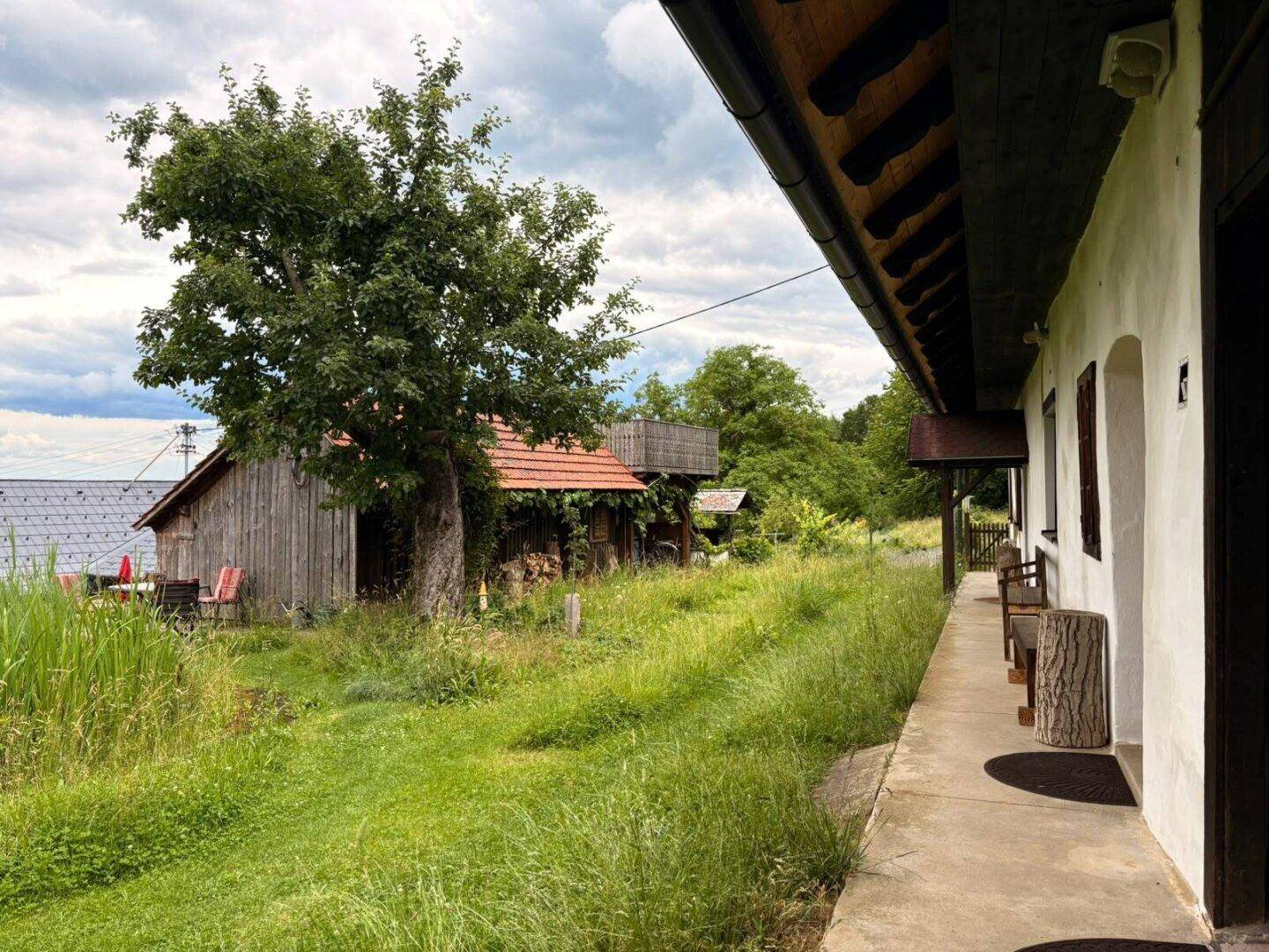 Weißes Haus mit überdachtem Gang und einem rustikalen Holzgebäude im Hintergrund, umgeben von Gras.