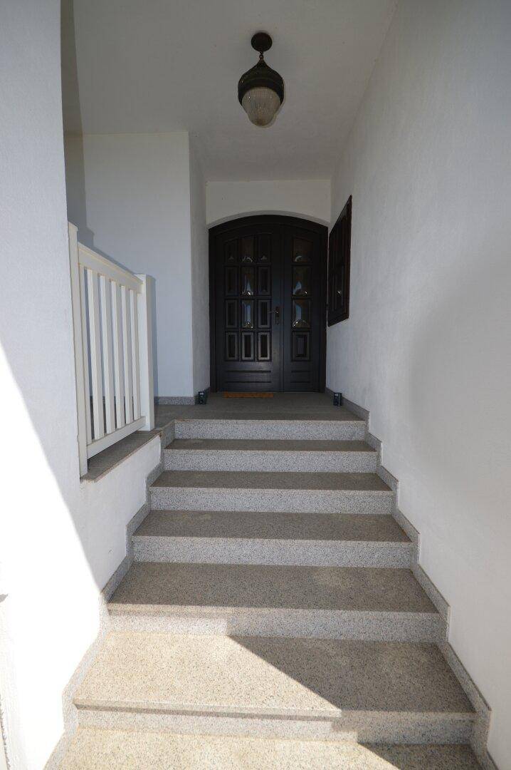 Eingangsbereich mit Steintreppe und einer dunklen Holztür, die zum Haus führt.