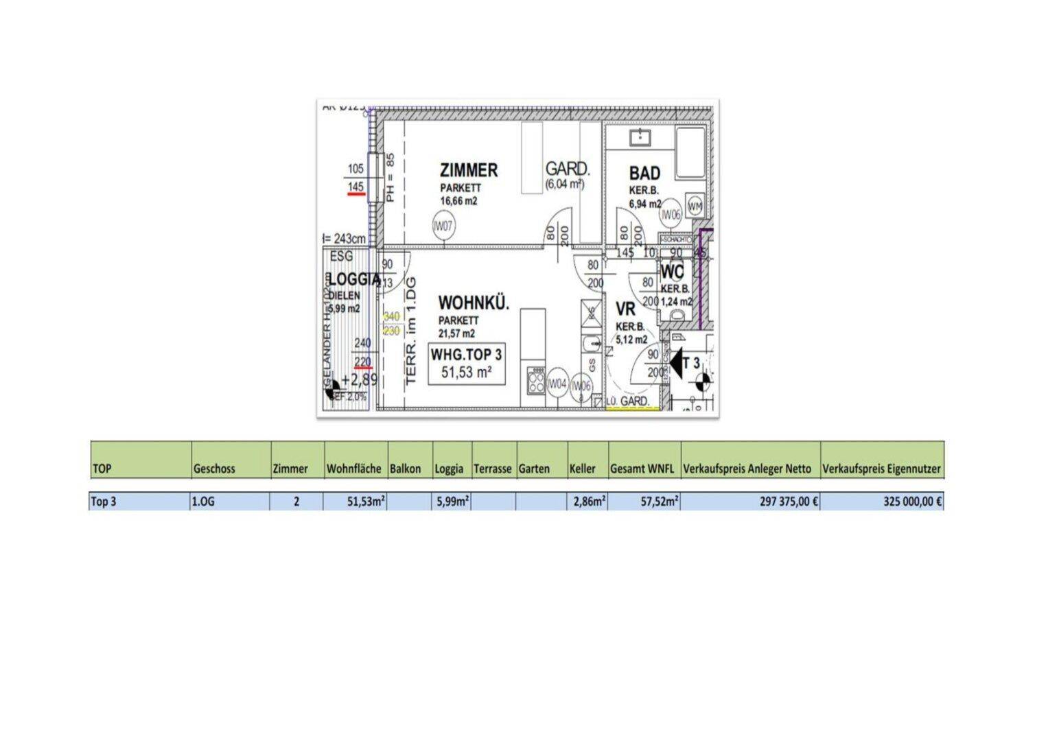 Grundriss einer Wohnung mit offenem Wohnküchenbereich, Loggia, Balkon und separatem WC.