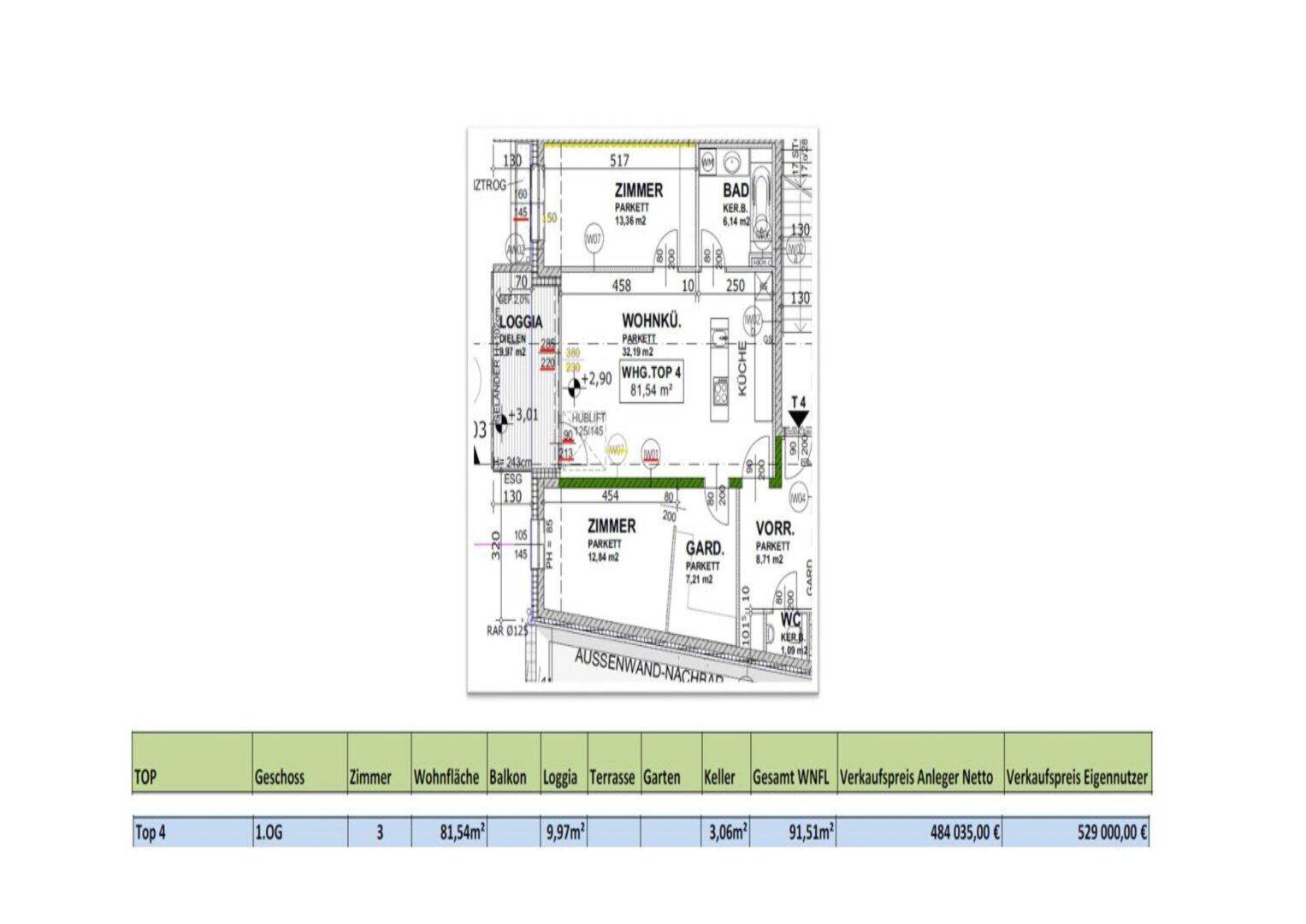Grundriss einer modernen Wohnung mit drei Zimmern, offener Wohnküche, Loggia und separatem WC.
