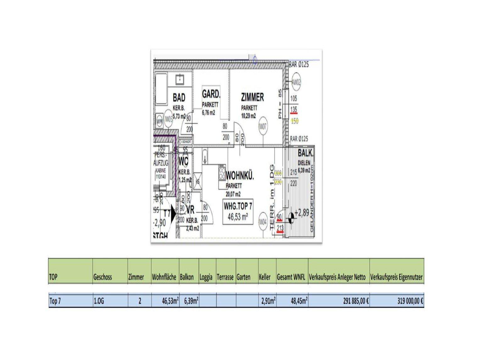 Grundriss einer Wohnung mit zwei Zimmern, offener Wohnküche, Bad, WC und Balkon.